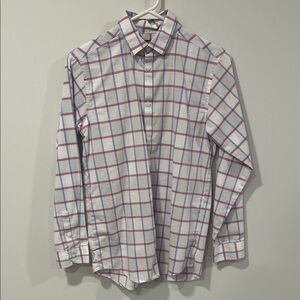Boy’s White Button-Up Shirt with Blue and Red Windowpane Check